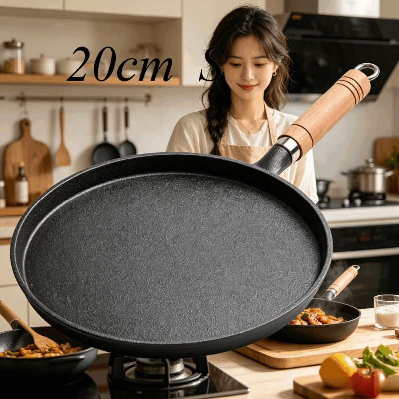 Egg Waffle Pan - 20cm Cast Iron Skillet Wooden Handle